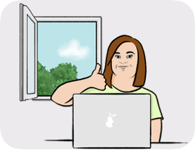 Smiling woman in front of a laptop working from home